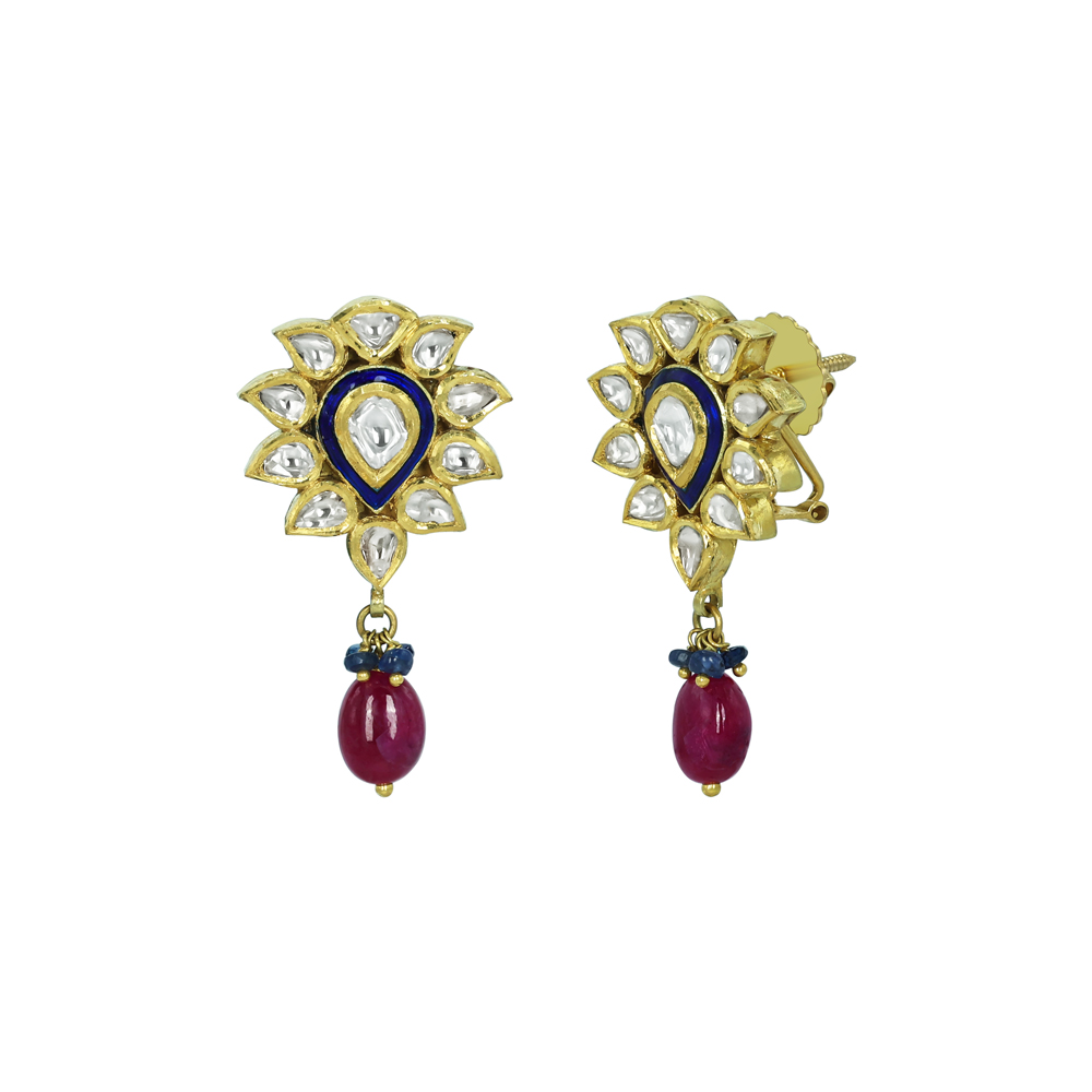 Floral Polki Earrings with Blue Meenakari and Ruby Drops